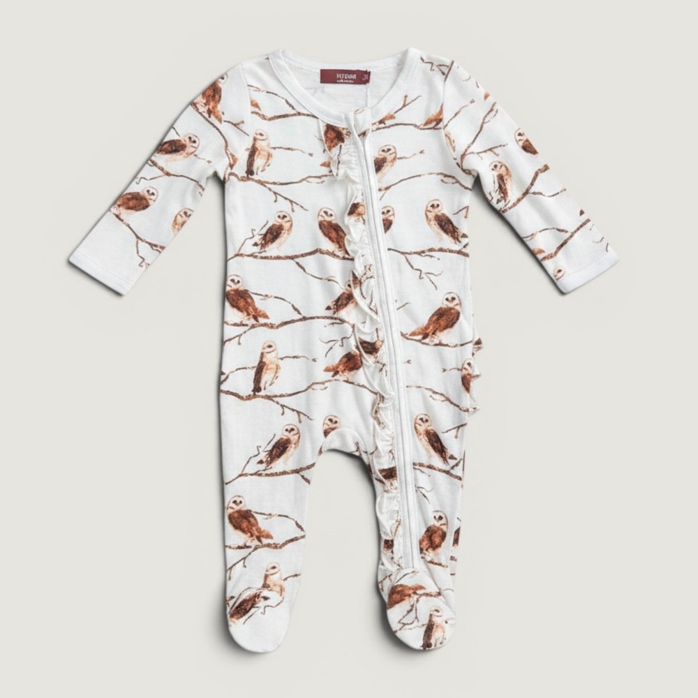 MilkBarn Ruffle Footie Pajamas Kids 3-6 Months Ivory Owl Print NEW Bamboo Zipper